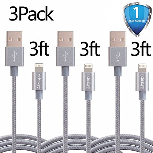 Airsspu 3Pack 3FT Nylon Braided Lightning USB Charging Cables Cord for iPhone 5/5S/5C/SE 6/6S 6 Plus/6S Plus 7/7 Plus, iPad Mini/Air/Pro iPod Touch/Nano 7 (Gray)