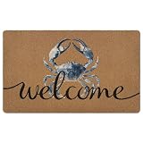 XLDLIOO Blue Crab Welcome Door Mat, Beach Framhouse Doormat, Lake Sea Welcome Front Door Mat Indoor Outdoor Entrance, Funny Artificial Coir Doormats Rugs for Patio Entry Beach House Decor 30x17in