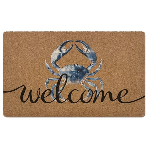XLDLIOO Blue Crab Welcome Door Mat, Beach Framhouse Doormat, Lake Sea Welcome Front Door Mat Indoor Outdoor Entrance, Funny Artificial Coir Doormats Rugs for Patio Entry Beach House Decor 30x17in