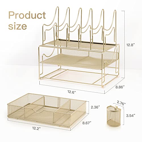 Rocdeer Desk Organizers And Accessories - Double Tray And 5 Upright Sections, Gold Office Supplies Desk Organizer With Drawer, File Office Organization With Binder Clips, Gold #TOP6