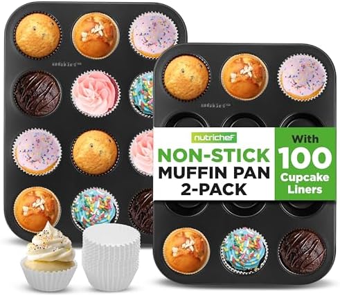 NutriChef Muffin Pans for Baking 2-Pack | Nonstick 12 Mold Cupcak...