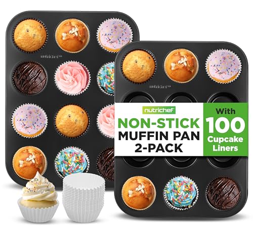 NutriChef Non-Stick 2-Piece 12 Cup Muffin Pans with 100 Parchment...