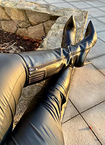 Lishan Women's Pointed Closed Toe Stiletto High Heels Pull On Zip Up Under Knee High Boots Solid Soft Pu Sexy Dress Shoes Black Size 12 #TOP6