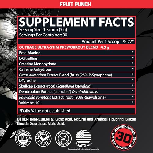 Image of Outrage Ultra HIGH STIM Pre-Workout Powder for Men Fruit Punch | 400mg Caffeine, L-Citrulline, Beta-Alanine, Creatine | Extreme Energy, Focus, Strength & Endurance | 30 Servings