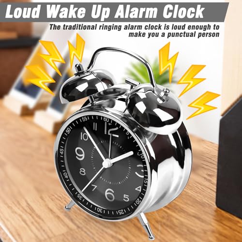 Image of AYRELY Super Loud Alarm Clock for Heavy Sleepers Adults,Twin Bell Retro 4 Inch Silent Non-Ticking Quartz with Backlight, Metal dial, Alarm Clocks for Bedrooms Bedside (Black)