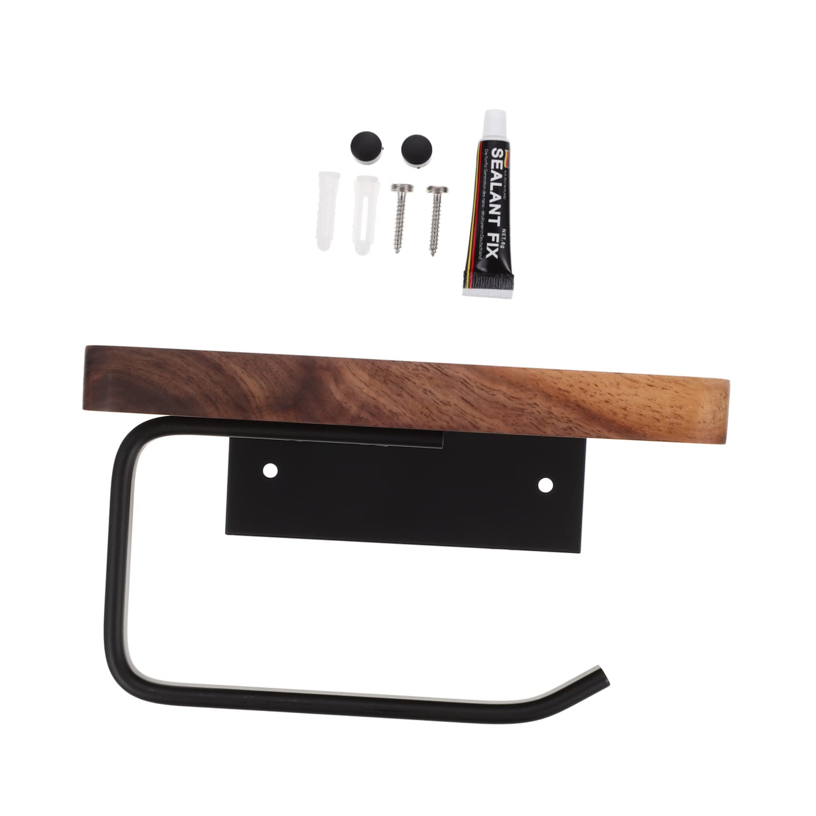 Portarrollos Diseño Práctico y Duradero de Papel Higiénico de Madera y Aluminio Negro, Estante de Pared Instalación sin Taladro Tornillos para Baño y Cocina