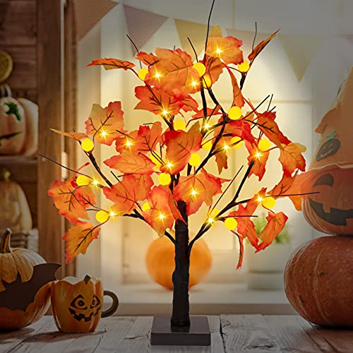 24-Inch Fall Lighted Maple Tree, 24 Led Pumpkin Lights, Halloween Thanksgiving Decorations Table Tree, Battery Operated Desktop Artificial Tree For Autumn Harvest Wedding Home Party Gift Indoor Decor #TOP7