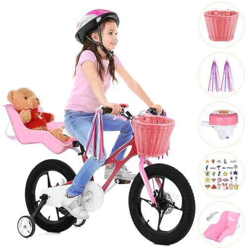 Aurelema Doll Bike Seat with 30 Pcs Stickers Decals Bike Basket for Kids Bike Handlebar Streamers Colorful Ribbons Tassel Daisy Bike Bell for Girls Boys Bike Accessories Christmas Kids Gift(Pink) - Thumbnail 5