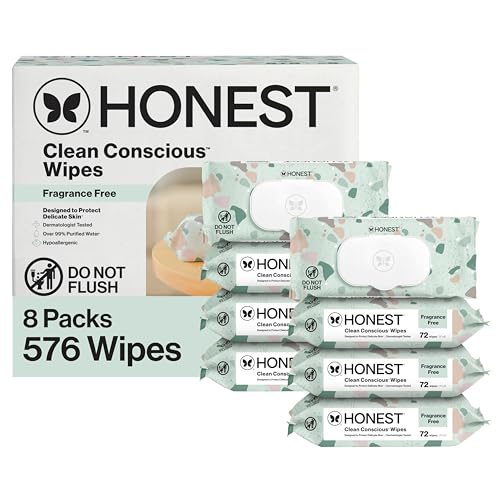 The Honest Company Clean Conscious Multi-Use Wipes Unscented Hypoallergenic Baby for Sensitive Skin 99% Water Plant-Based Compostable Geo Mood 576 Count