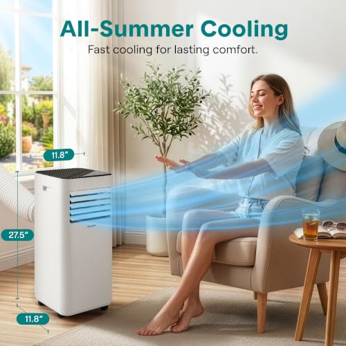 Image of SereneLife Portable Conditioner, 8000 BTU 3-in-1 Compact Standing Air Conditioner for Rooms Up to 300 Sq. Ft., Energy Efficient Floor AC Unit with Remote Control, Universal Casters, Window Mount Kit