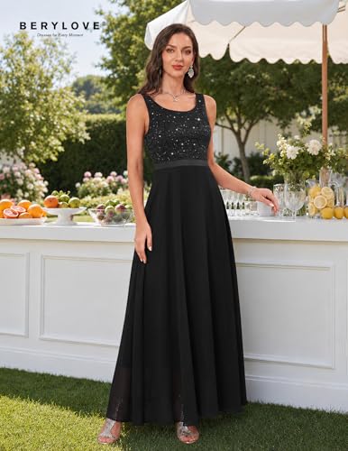 Image of BeryLove Sequin Dress for Woman Vintage A Line Wedding Formal Swing Mesh Dress Sleeveless Cocktail Maxi Gowns
