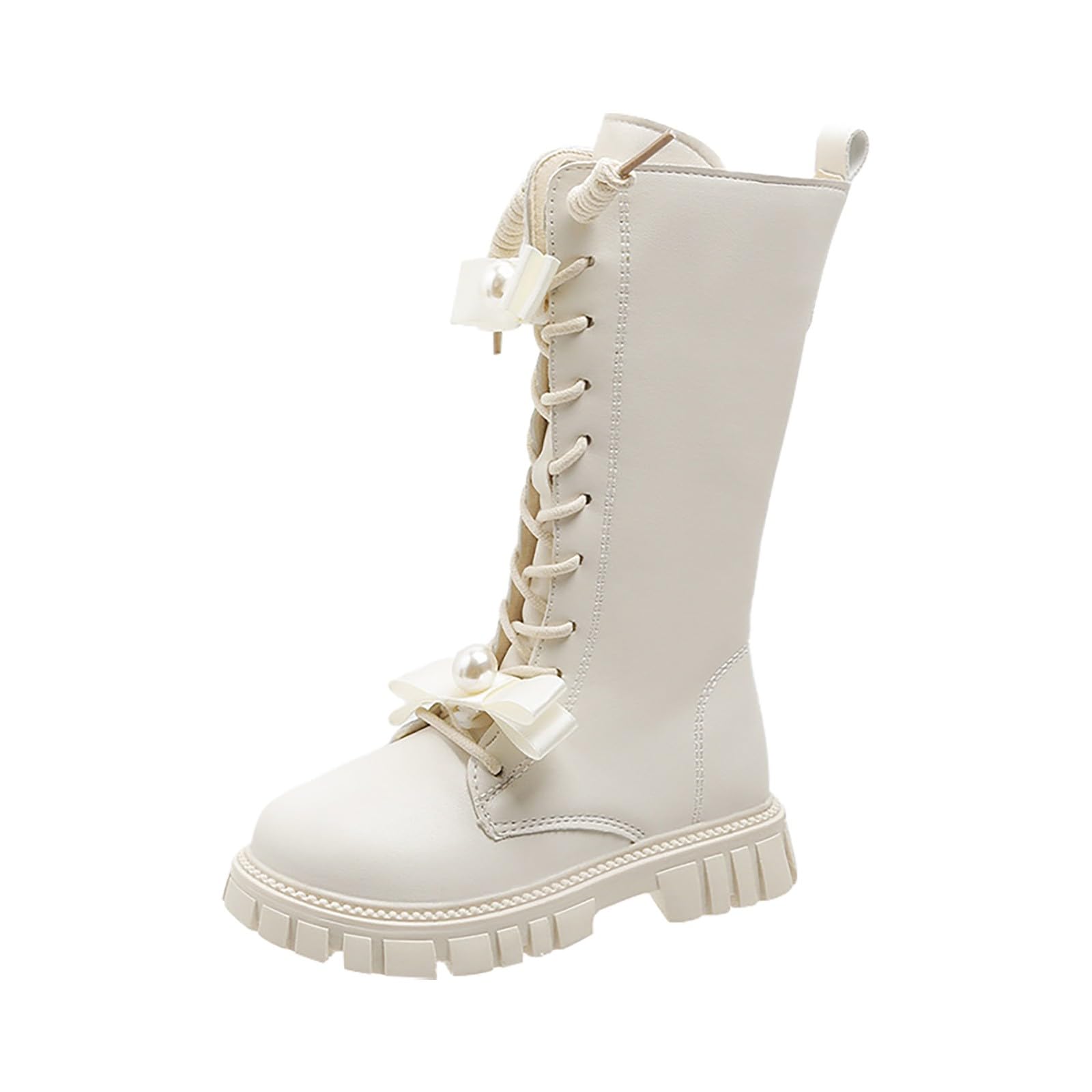 GenericGirls Lace Up Riding Boots Mid Calf Combat Boots Fashion Waterproof PU Leather Side Zipper Punk Goth Boot 4-12.5 Years