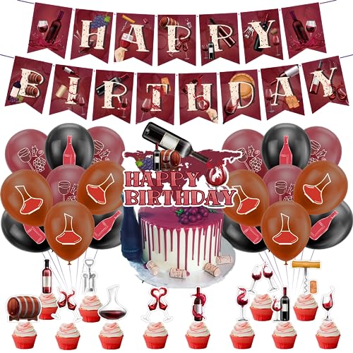 Rotwein Geburtstag Dekorationen Rotwein Party Supplies Set Rotwein Geburtstag Banner Kuchen Topper Cupcake Toppers Ballons für Rotwein Party Dekorationen