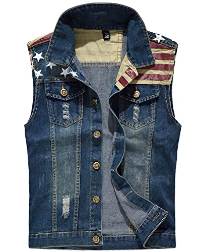 Image of ebossy Men's Ripped Distressed Denim Vest Sleeveless Button Up Jean Vest Jacket (X-Small, Flag-blue)