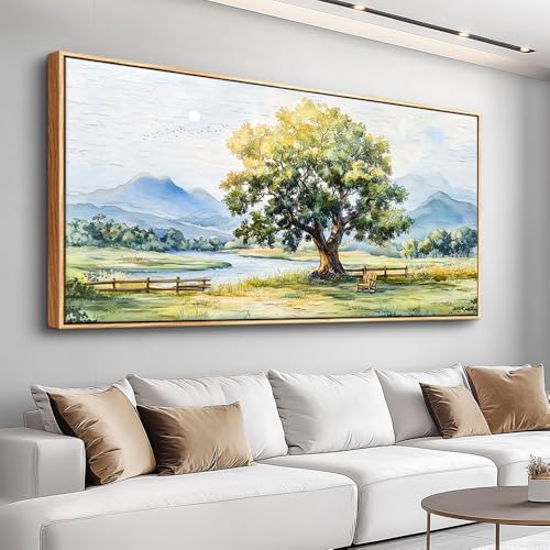 PHAOHUAXM Large Canvas Wall Art For Living Room Wall Decor For Office Bedroom Hotel room Green Tree Ink-Wash Landscape Painting Wood Framed Farmhouse Home Decoration Artwork Ready To Hang 24x48In
