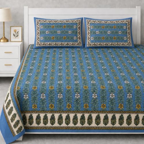 Image of ElanorHomes Cotton Double King Size Bedsheet | Hand Printed | Ultra-Soft & Skin-Safe | Breathable Summer Comfort | 90x108 inches with 2 Pillow Covers (Meena Royale)