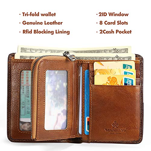 Manbang Mens Wallet Zipper Genuine Leather Rfid Card Holders Cowhide Zip Coin Pocket Bifold Wallets For Men Brown(Anti-Theft Brush) (Brown) #TOP1
