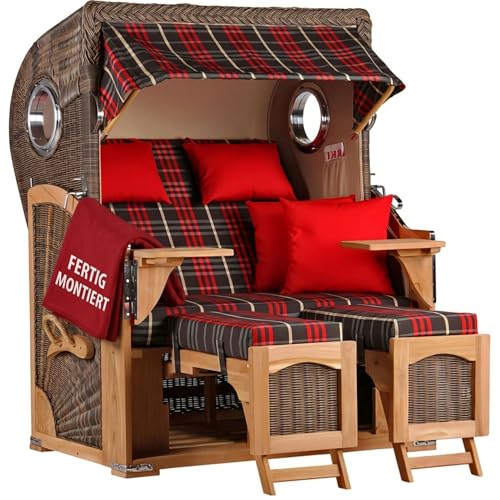 MR. DEKO® Strandkorb Düne Teak 2-Sitzer Bullauge | PE Geflecht Grey | Volllieger Strandstuhl verstellbar | inkl. 4 Kissen Wechselpolster | Strandkörbe fertig montiert aus Teakholz | (Dessin 529)