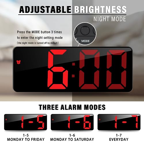 Image of JQGO Digital Alarm Clock, LED Digital Alarm Clock, Mirror, Table Clock, USB Cable, Slim Alarm Clock, 12 /24 Hours, Snooze, Voice Control, Temperature Display, Brightness Adjustable, Bedroom, Red
