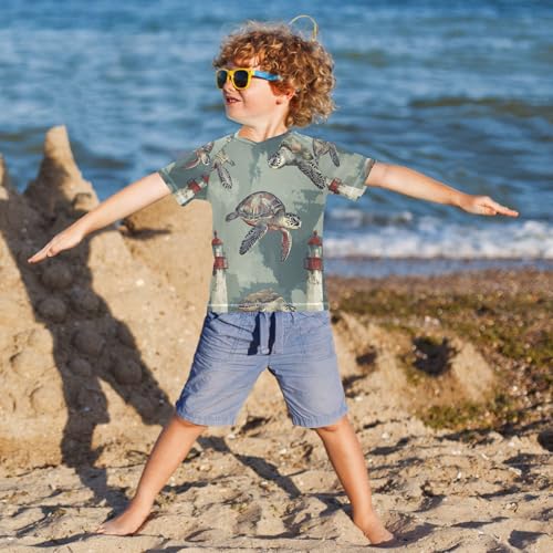 Boys Short Sleeve T-Shirts Watercolor Turtles Lighthouse Rashguard Kids Swim Shirts Sun UPF 50+4