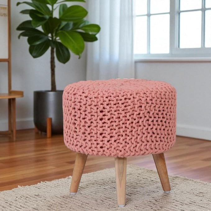 Image of Ottoman Foot Rest Puffy, Cotton Dori Ottoman for Home Decor, Solid Wood Legs Dressing Stool, Footstool Puffy for Living Room & Office Room | 16x17 Inch, Set of 2, Dori Baby Pink-Light Green