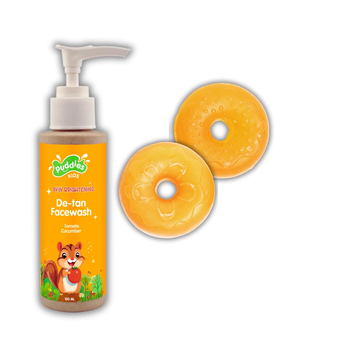 Puddles Happy Holidays Kids Skincare Set | Detan Facewash + Soap | Removes Tan, Brightens & Softens Skin | Natural, pH Balanced, Mom-Approved | Safe for Daily Use & Perfect Festive Gift - Combo Pack