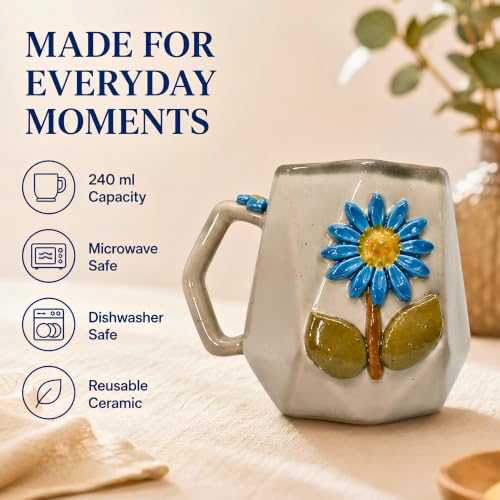 Image of Handmade Ceramic Mug 3D Daisy Flower Design Coffee Tea Cup 240 ml Gift for Coffee Lovers Kitchen Decor (Pink /Light Blue /Yellow /Grey) (Grey)