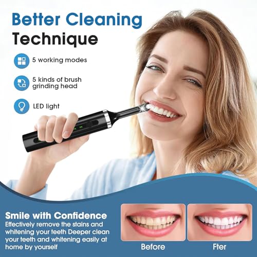 Image of Electric Teeth Whitening Tools Plaque Tartar Polishing Cleaning Kit with LED Light 5 Speed Modes with 5 Replacement Brush Heads (Black)