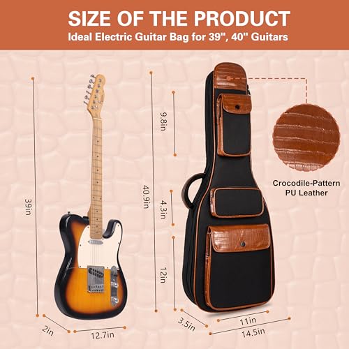 PPOPPO 39/40 Inch Electric Guitar Gig Bag, 0.5\" Thickened Padding, Water-Resistant Frosted Cloth & Crocodile-Patterned PU Leather, Soft Durable Guitar Backpack Case with 3 Pockets & Neck Fixed Strap - Thumbnail 2