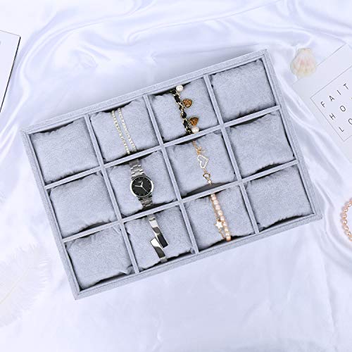Stylifing Watch Jewelry Tray Organizer Bracelet Display Showcase 12 Grid Pillows Tray Jewelry Storage Holder Grey Velvet Gifts For Men Women Girls #TOP7