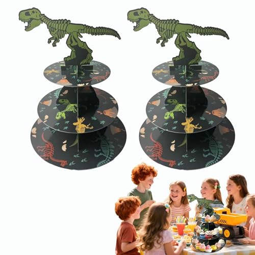 2PCS 3 Tier Dinosaur Cupcake Stand,Dino Cupcake Stand Cardboard – Easy to Assemble& Reusable(1Dinosaur)