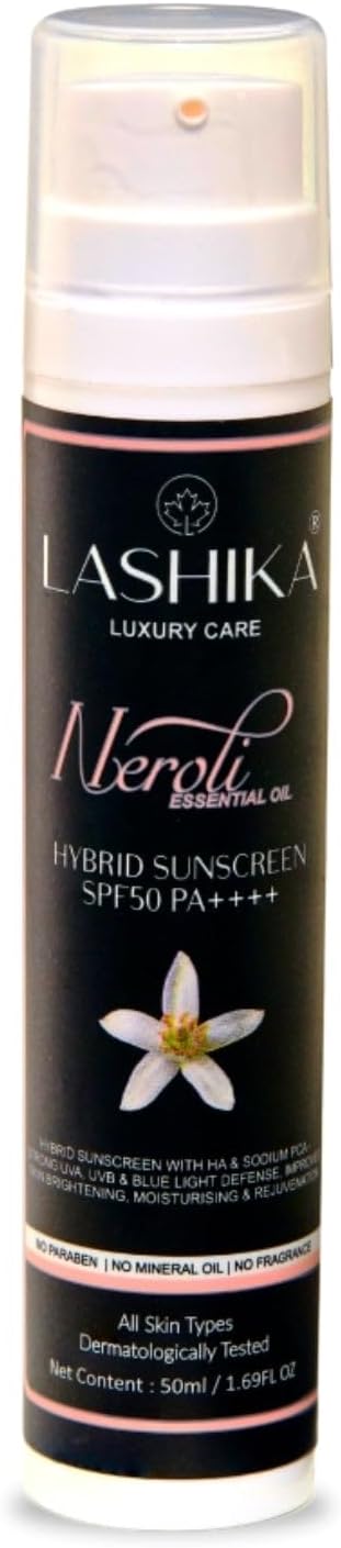 - Neroli Hybrid Sunscreen SPF 50 PA++++ | UVA UVB Blue Light Protection | No White Cast | With Hyaluronic Acid & Niacinamide | Oil-Free | 50ml