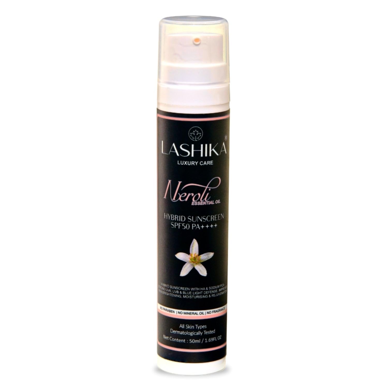 Lashika Neroli Hybrid Sunscreen SPF 50 PA++++ | UVA UVB Blue Light Protection | No White Cast | With Hyaluronic Acid & Nia...