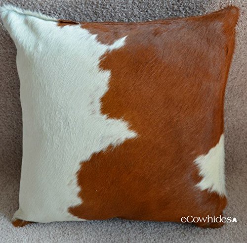 Brown and White Brazilian Cowhide Pillow Cover – Genuine Leather Decorative Cushion for Rustic and Western Home Décor (15” x 15”)