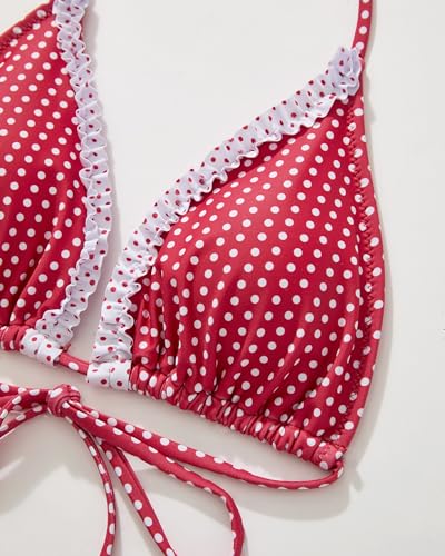 SUUKSESS Women Ruffle Thong Bikini Sets Cheeky Halter String Triangle Two Piece Swimsuit High Cut Bathing Suit (Red White Polka Dots, L) — view 4