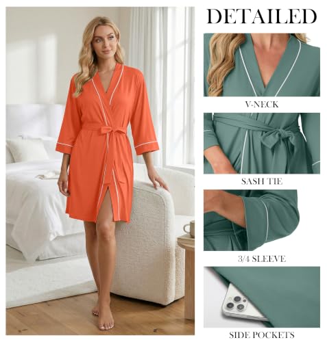 Image of PrinStory Womens Robe Knee Length Soft Knit Bathrobe S-2XL | V-Neck 3 /4 Sleeve Robes with Pockets, Lightweight, Breathable Bath Robe for Shower, Spa, Travel, Home, Party, Nursing