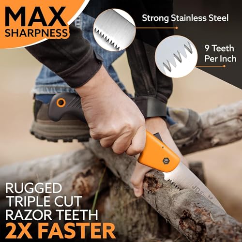 Image of JD FRESH Folding Hand Saw for Wood Cutting, 7.5 Inch 65Mn High Carbon Steel Triple Cut Blade for cutting, pruning, camping, gardening and Outdoor Use, Safety Lock, Anti Slip Handle, Black & Orange