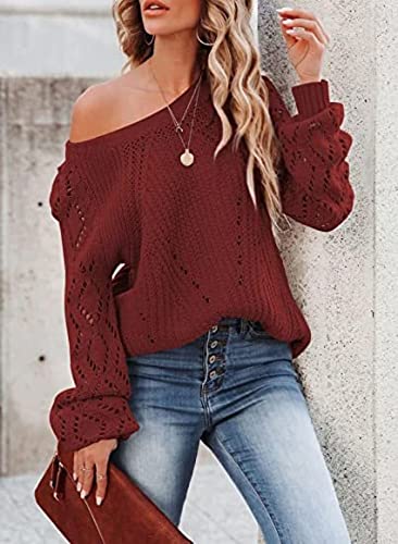 Image of Womens Fall Sweaters Fashion Crochet Long Sleeve Off The Shoulder Clothes Cute Crewneck Knit Pullover Jumper Tops