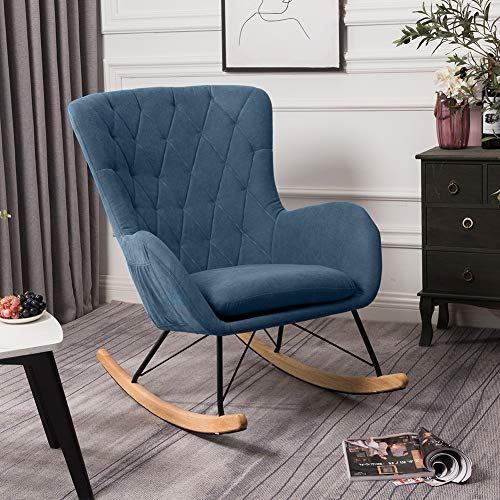INMOZATA Relax Rocking Chair Comfortable Linen Fabric Rocker Relaxing Chair Traditional Arm Rest Lounge Chair with Fabric Cushion (Blue) - Image 8