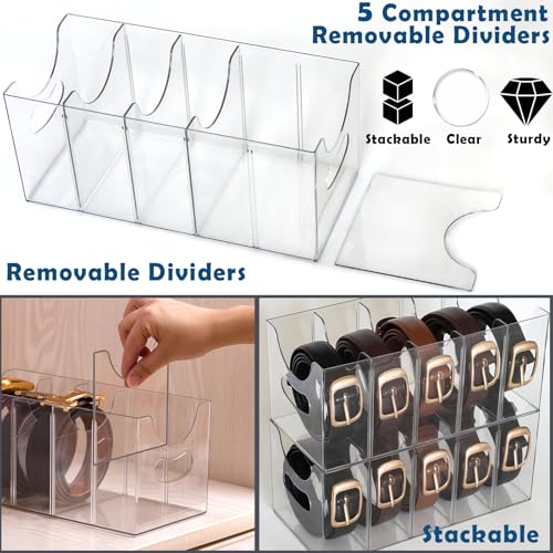 Rusnugic Belt Organizer - 2 Pack Clear Stackable Belt holder For Closet Drawer Storage - 5 Compartments with Removable Dividers, Multi-Purpose Display Bins With Inserts For Ties,Socks,underwear (2) by Rusnugic - Image 2