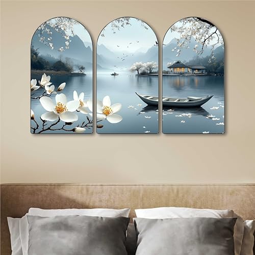 Image of Livin'luxe Serene Lake View Wall Painting | Set of 3 MDF Panel Lotus Flower & Boat Artwork | Scenic Landscape Wall Art for Living Room, Bedroom, Hallway & Office Decor (20 x 30 Inch) RPNS-23
