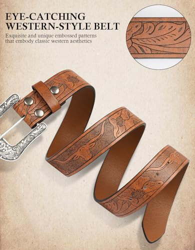 Western Belts Vintage Cowgirl Cowboy Country Belt for Woman Men Gifts, Carved Buckle-Belts for Jeans Pants Dresses3
