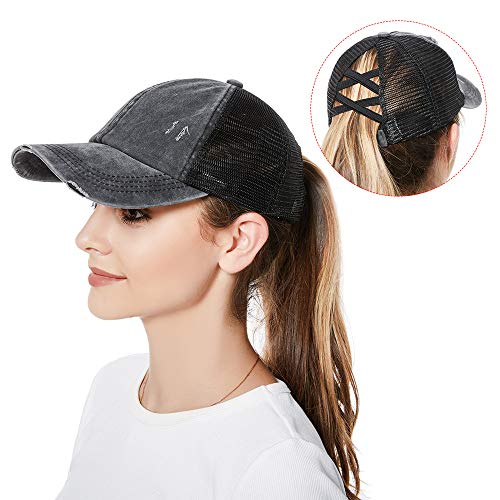 4 Pack Criss Cross Ponytail Hat Washed Distressed Women Mesh Baseball Caps Messy Bun Ponycaps #TOP2