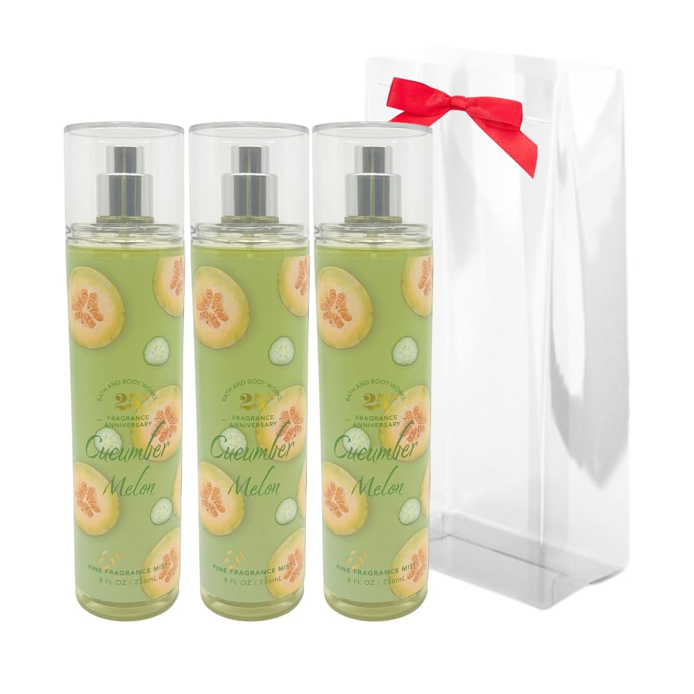 Bath & Body Works CUCUMBER MELON Fine Fragrance Mist 8 fl oz Gift Set with a Red Bow for Holiday & Gifts Pack of 3 - Limited Edition