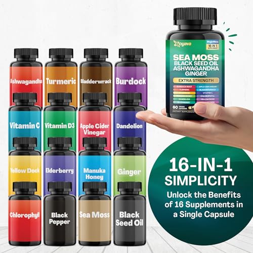 Sea Moss 7000mg Black Seed Oil 4000mg Ashwagandha 2000mg Turmeric 2000mg Bladderwrack 2000mg Burdock 2000mg & Ginger Vitamin C Vitamin D3 with Elderberry Manuka Dandelion Yellow Dock Chlorophyll ACV