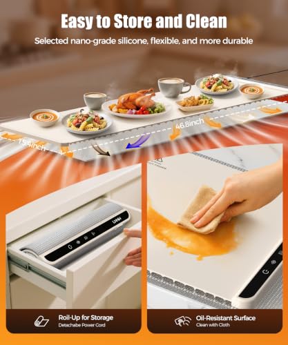 Image of Warming Mat for Food, 46x15 Inch, Off White, Fast Heat, Child Lock | Includes heat-resistant pad. Perfect for chafing dishes, buffet & parties. Easy to clean & store. 6 settings, timer & lock.