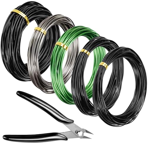 QWORK Bonsai Training Wire with Wire Cutter - 5 Rolls, Total 164 Feet Aluminum Wire 1/1.5/2.0 mm