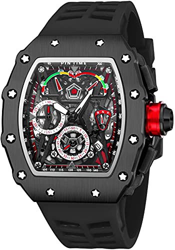 Gosasa Mens Unique Punk Bling Iced Out Dress Watches Tonneau Rectangle Watches for Men Waterproof Analog Chronograph Sports Work Mens Wrist Watch Luminous Silicone Band