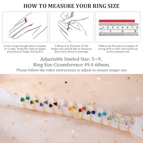 1CT Adjustable Women Heart Ring 14K Gold Plated Birthstone Rings for Women Promise Ring for her Simulated Gemstone Statement Stackable Band Width 2mm Open Size 5~92