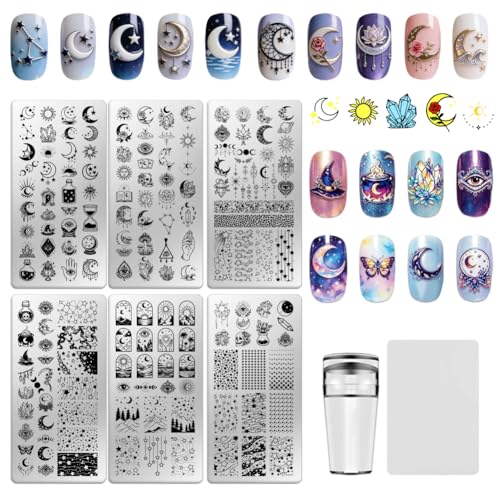 EVERJOYCRAFT 6 Sheets Nail Stamping Plate Star Moon Night Sky Nail Art Stamp Stainless Steel Celestial Boho Mystical Print Nails Stencils with Stamper and Scrape for Women DIY Design Manicure